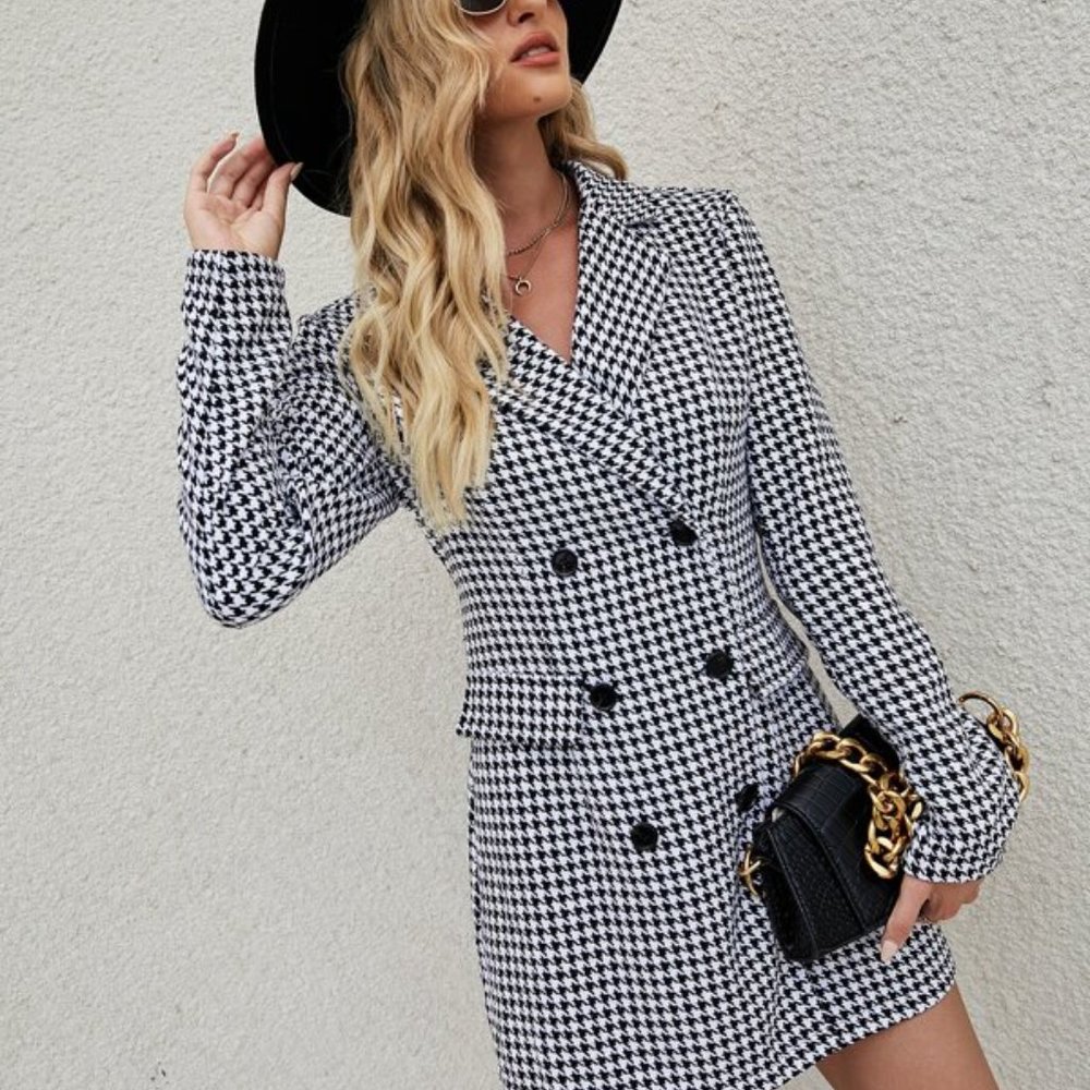 Houndstooth Print Double Breasted Blazer Dress or - Picture 6 of 6